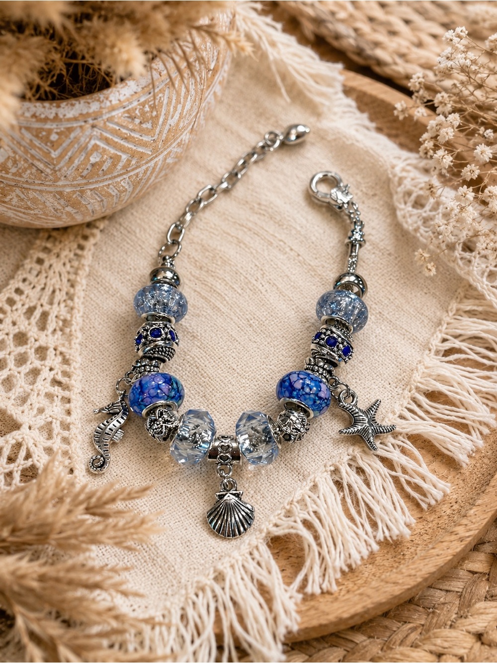 Ocean-Inspired Blue Charm Bracelet | Handmade | Silver Tone